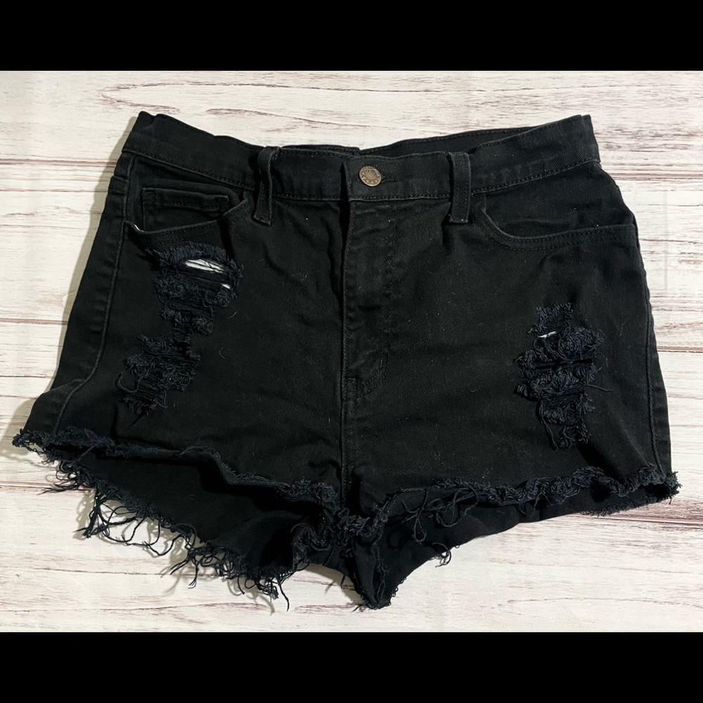 Distressed Black High Rise Denim Jean Shorts